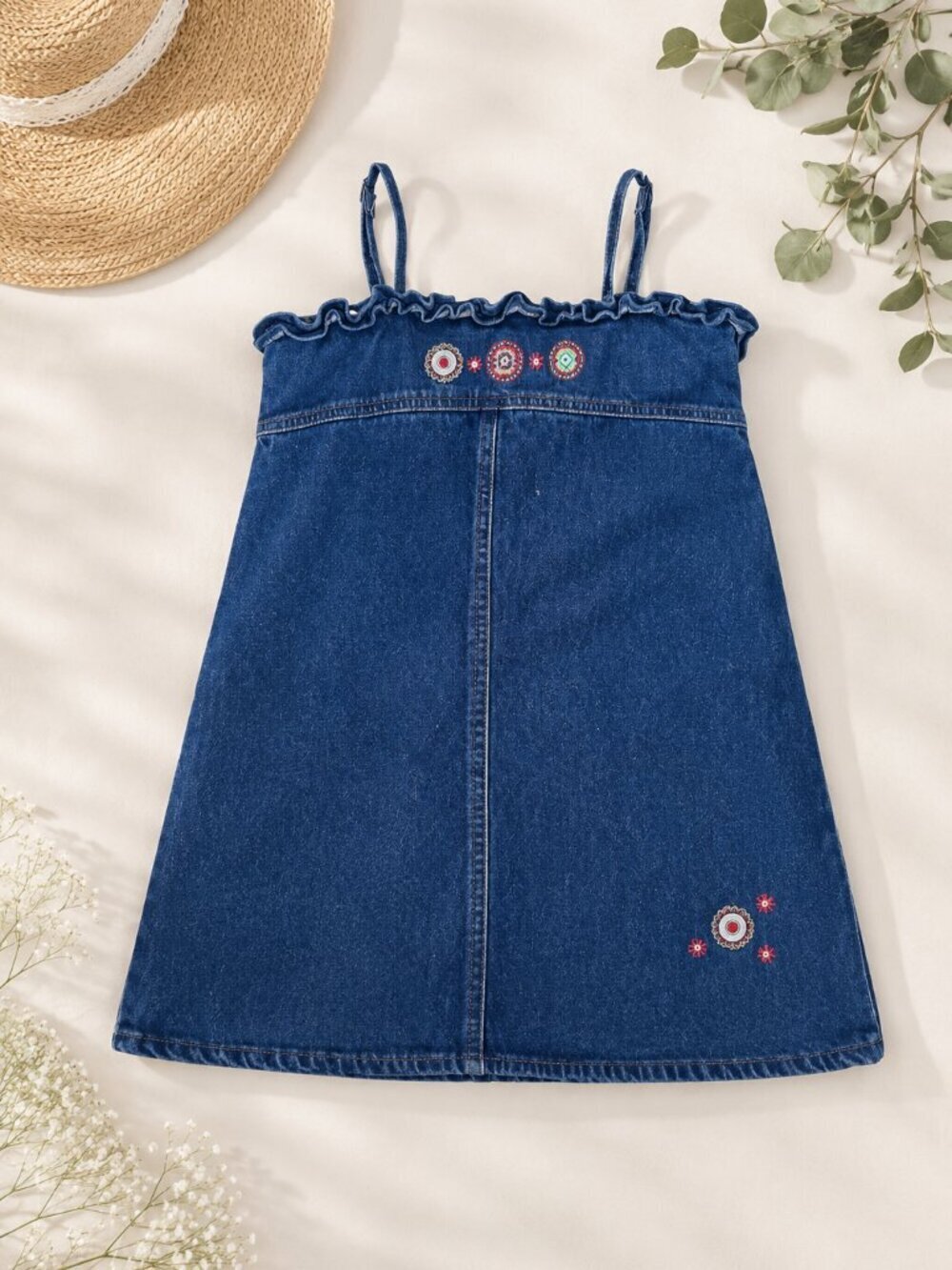 KHQ Sportswear Girls Denim Sundress Size 12 Embroidered Sleeveless